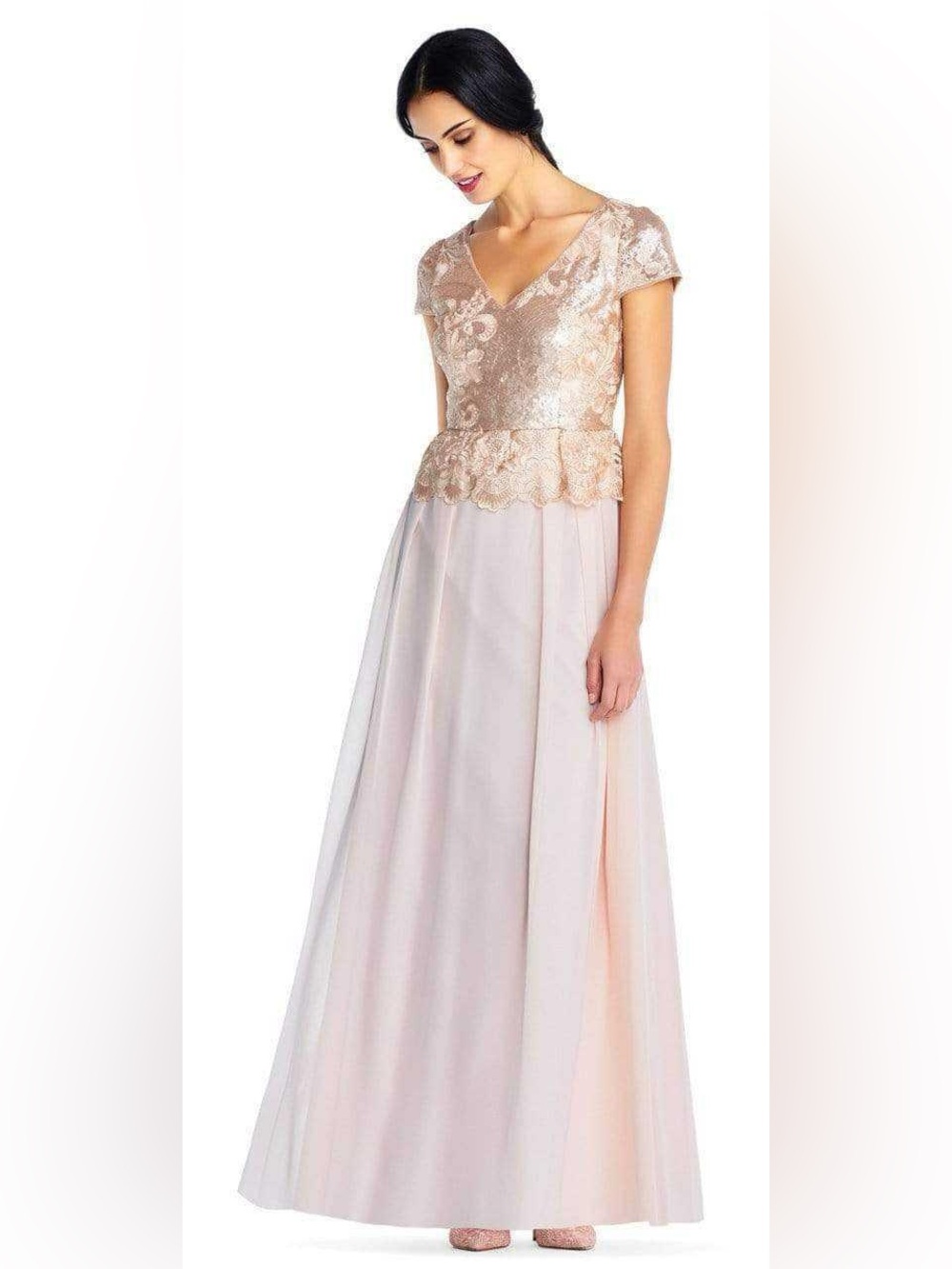 Adrianna Papell Elegant Blush Pink Lace Peplum Gown